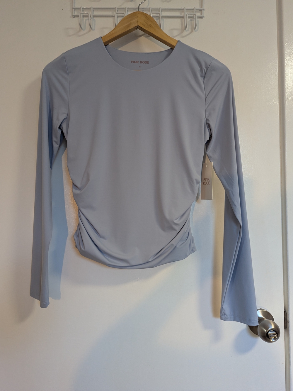 Pink Rose Light Blue Long Sleeve Crewneck Top with Side Gather